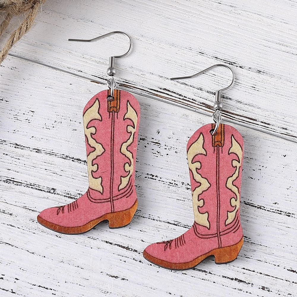 Wholesale Cowboy Boots Printed Wooden Earrings