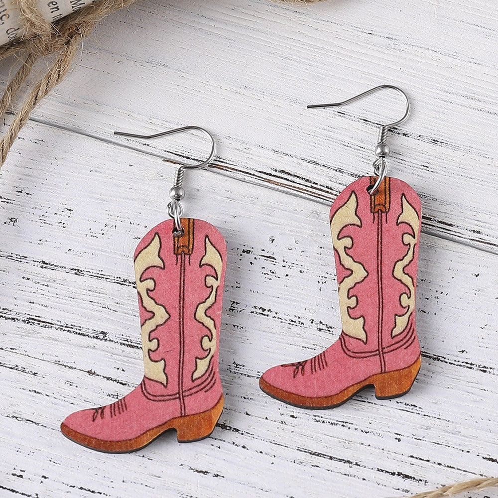 Wholesale Cowboy Boots Printed Wooden Earrings