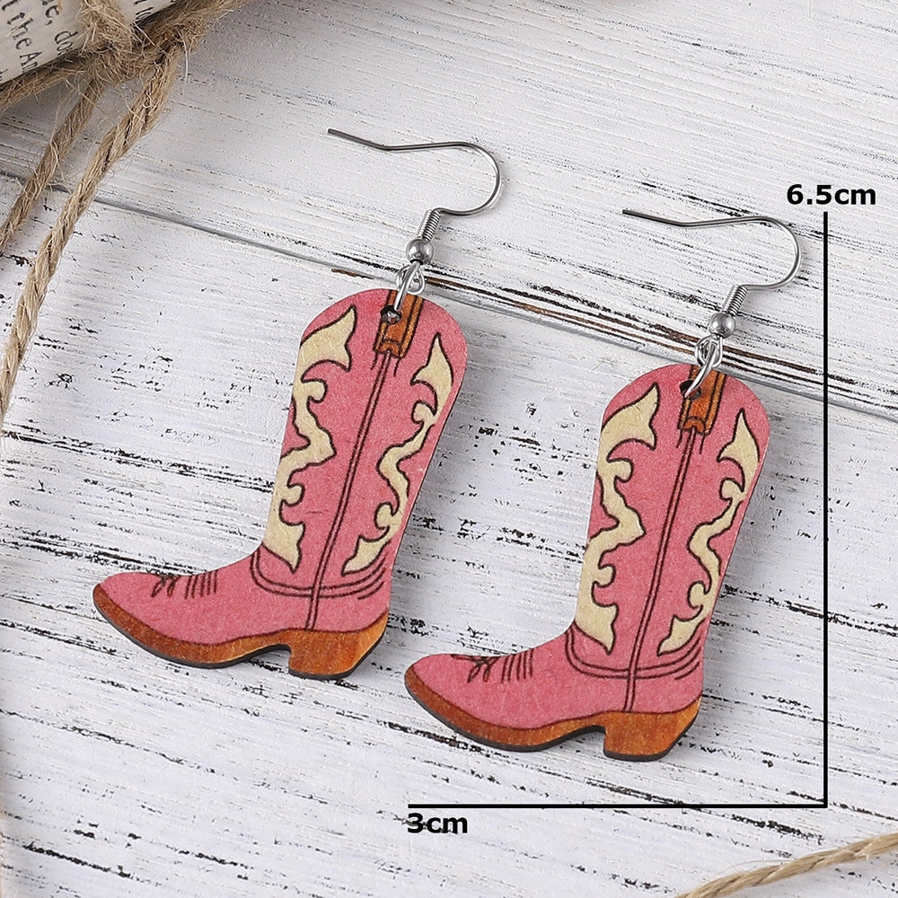Wholesale Cowboy Boots Printed Wooden Earrings