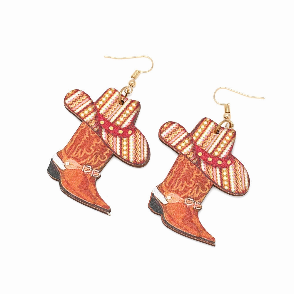 Wholesale Cowboy Hat Boots Wooden Earrings