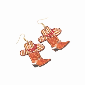 Wholesale Cowboy Hat Boots Wooden Earrings