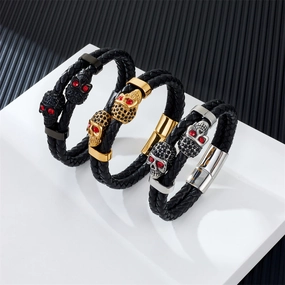 Wholesale Cowhide Stainless Steel Skull Braided Men's Bracelet