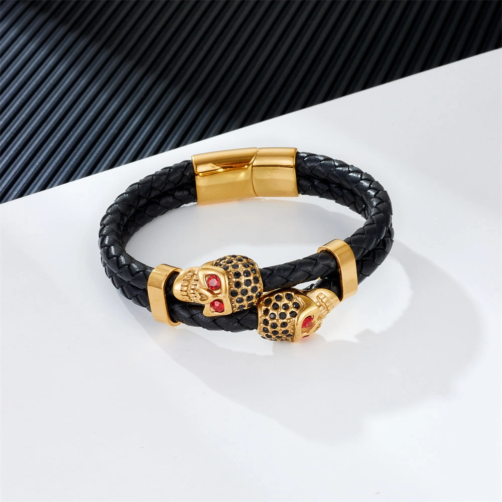 Wholesale Cowhide Stainless Steel Skull Braided Men's Bracelet