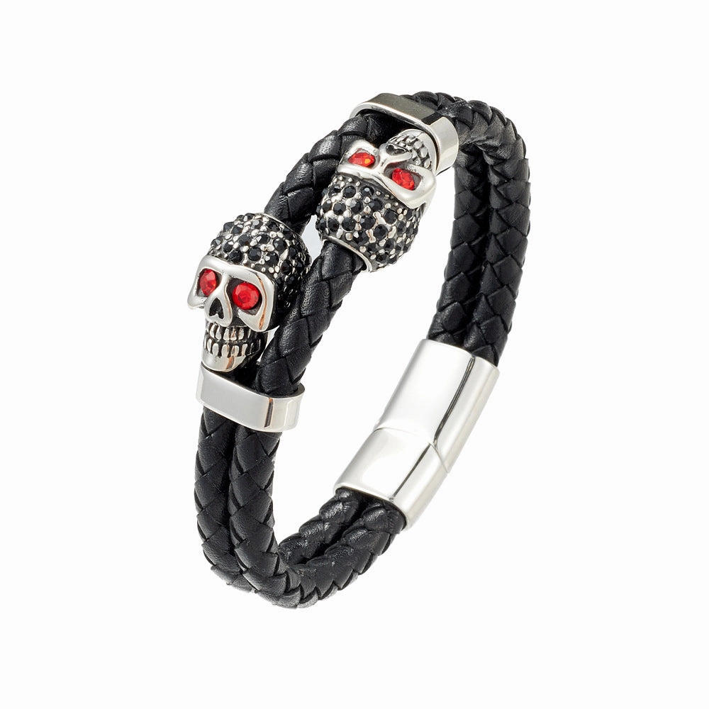 Wholesale Cowhide Stainless Steel Skull Braided Men's Bracelet