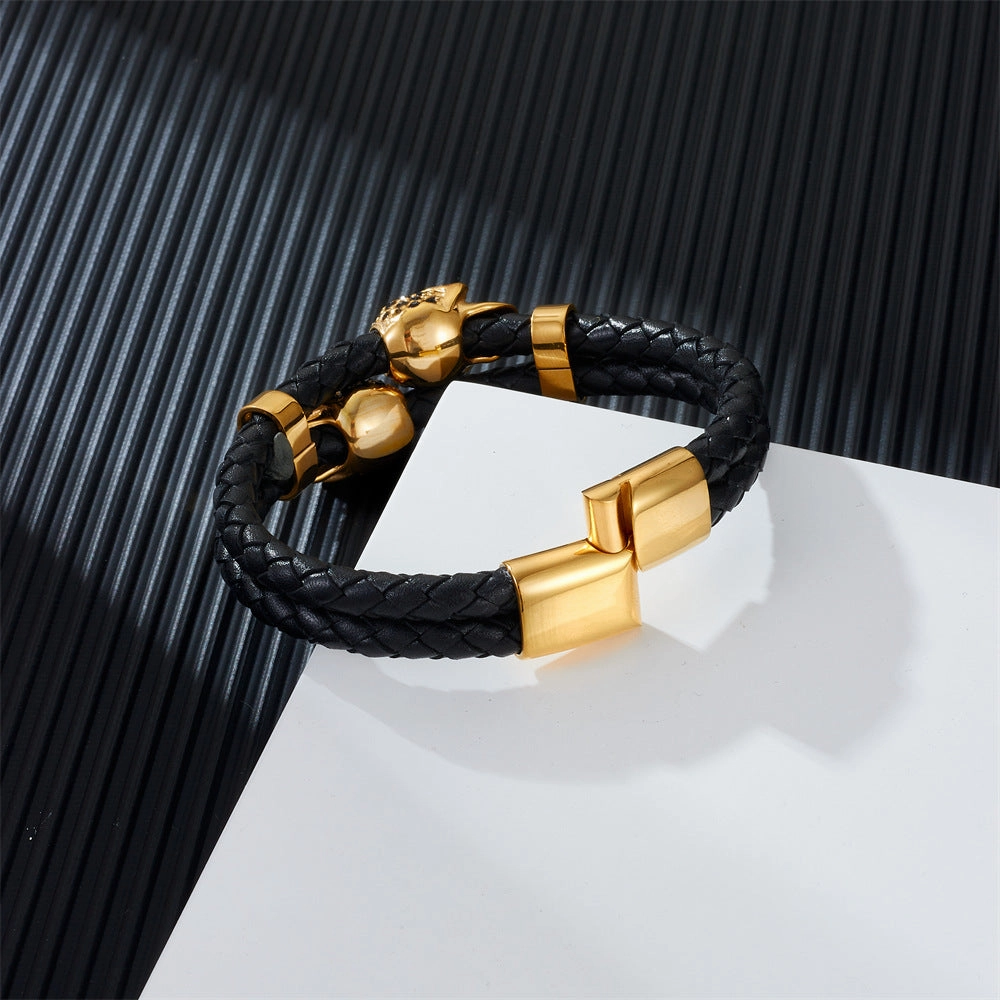 Wholesale Cowhide Stainless Steel Skull Braided Men's Bracelet