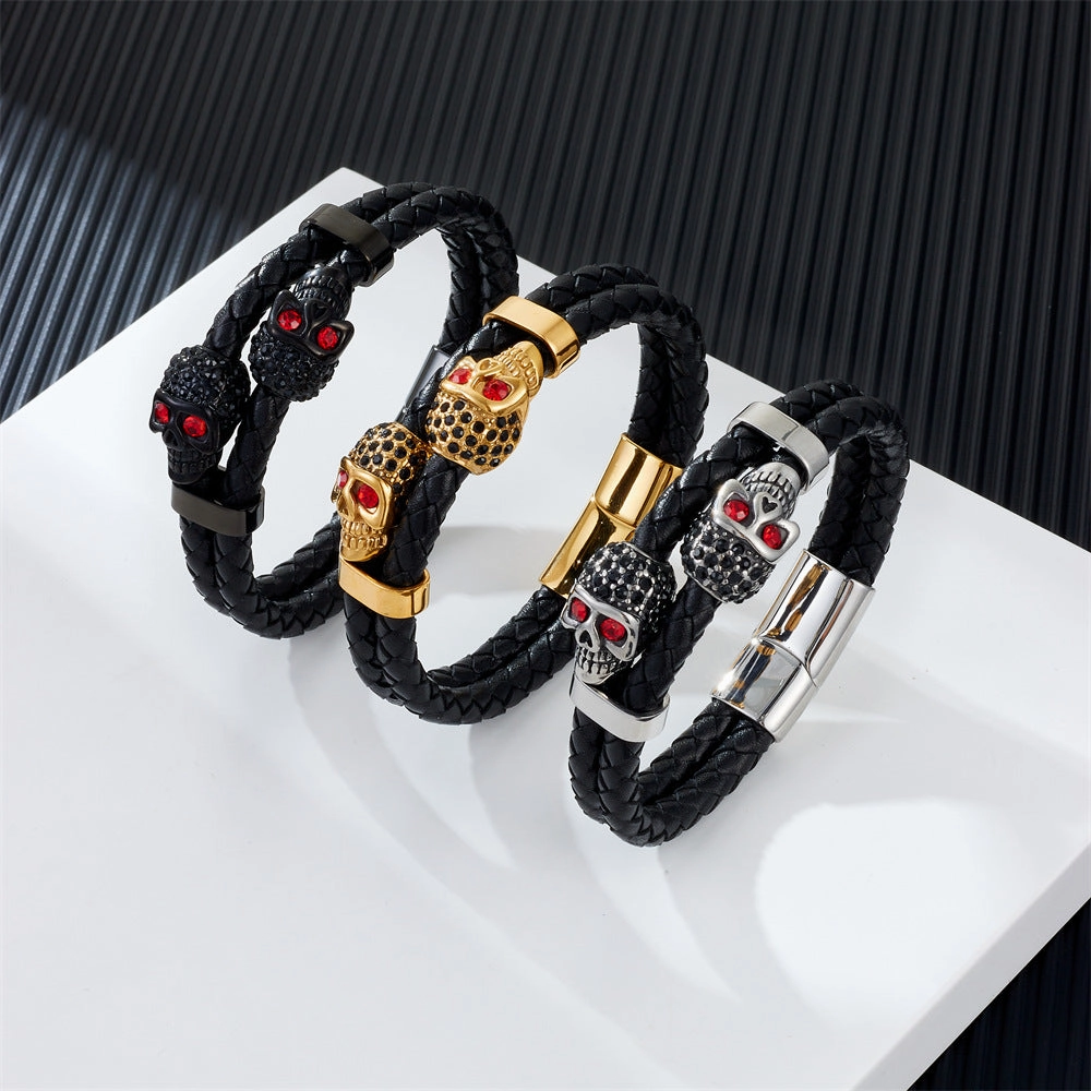 Wholesale Cowhide Stainless Steel Skull Braided Men's Bracelet