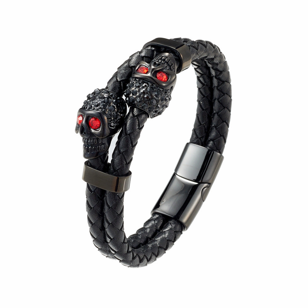 Wholesale Cowhide Stainless Steel Skull Braided Men's Bracelet