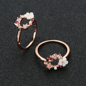 Wholesale Creative Butterfly Flower Rose Gold Micropaved Zirconia Pearl Ring