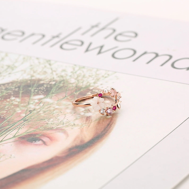 Wholesale Creative Butterfly Flower Rose Gold Micropaved Zirconia Pearl Ring
