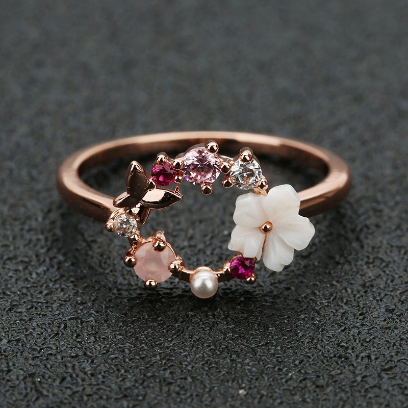Wholesale Creative Butterfly Flower Rose Gold Micropaved Zirconia Pearl Ring