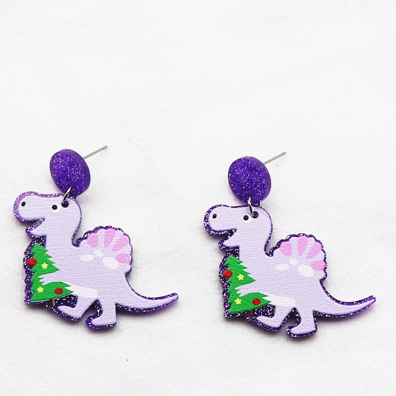 Wholesale Creative Christmas Dinosaur Santa Hat Neon Acrylic Glitter Scarf Purple Earrings