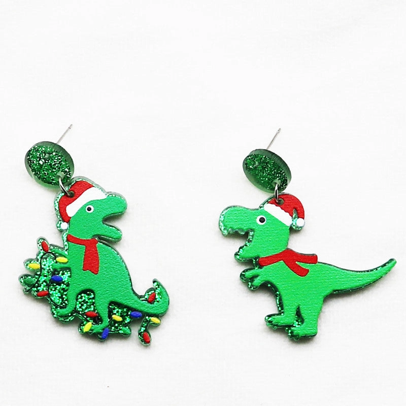 Wholesale Creative Christmas Dinosaur Santa Hat Neon Acrylic Glitter Scarf Purple Earrings