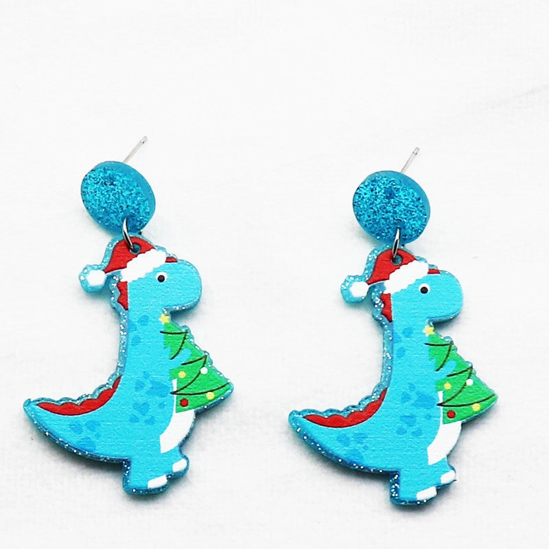 Wholesale Creative Christmas Dinosaur Santa Hat Neon Acrylic Glitter Scarf Purple Earrings