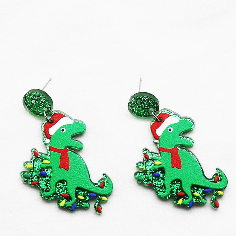 Wholesale Creative Christmas Dinosaur Santa Hat Neon Acrylic Glitter Scarf Purple Earrings