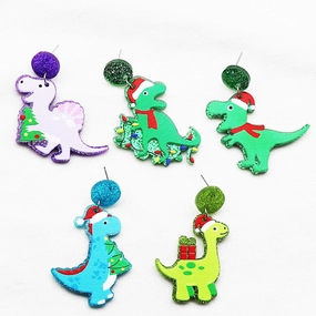 Wholesale Creative Christmas Dinosaur Santa Hat Neon Acrylic Glitter Scarf Purple Earrings