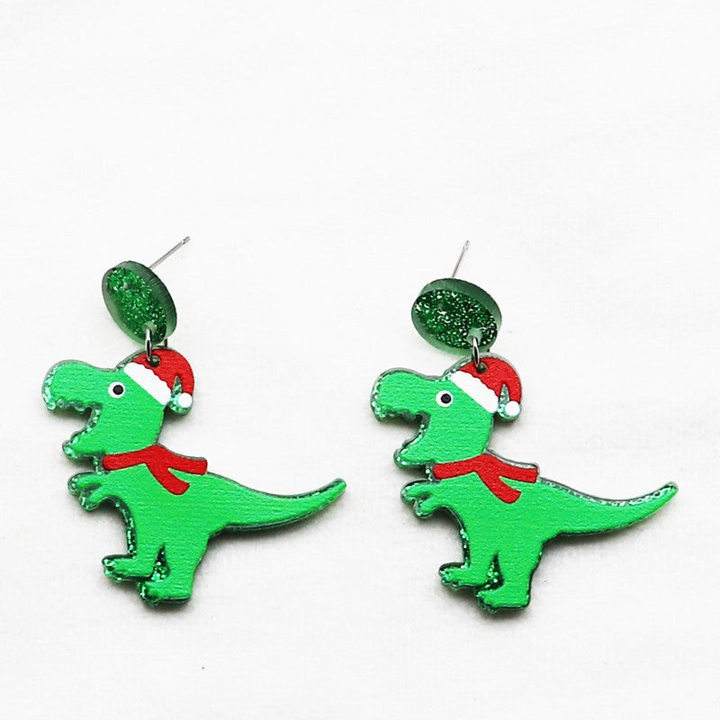 Wholesale Creative Christmas Dinosaur Santa Hat Neon Acrylic Glitter Scarf Purple Earrings