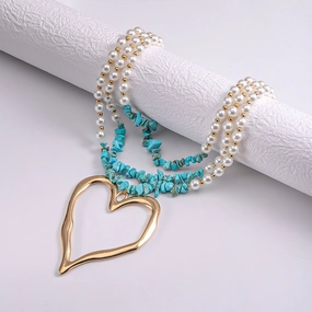 Wholesale Creative Exaggerated Love Pendant Necklace Multi Layered Turquoise Imitation Pearl Splice Necklace