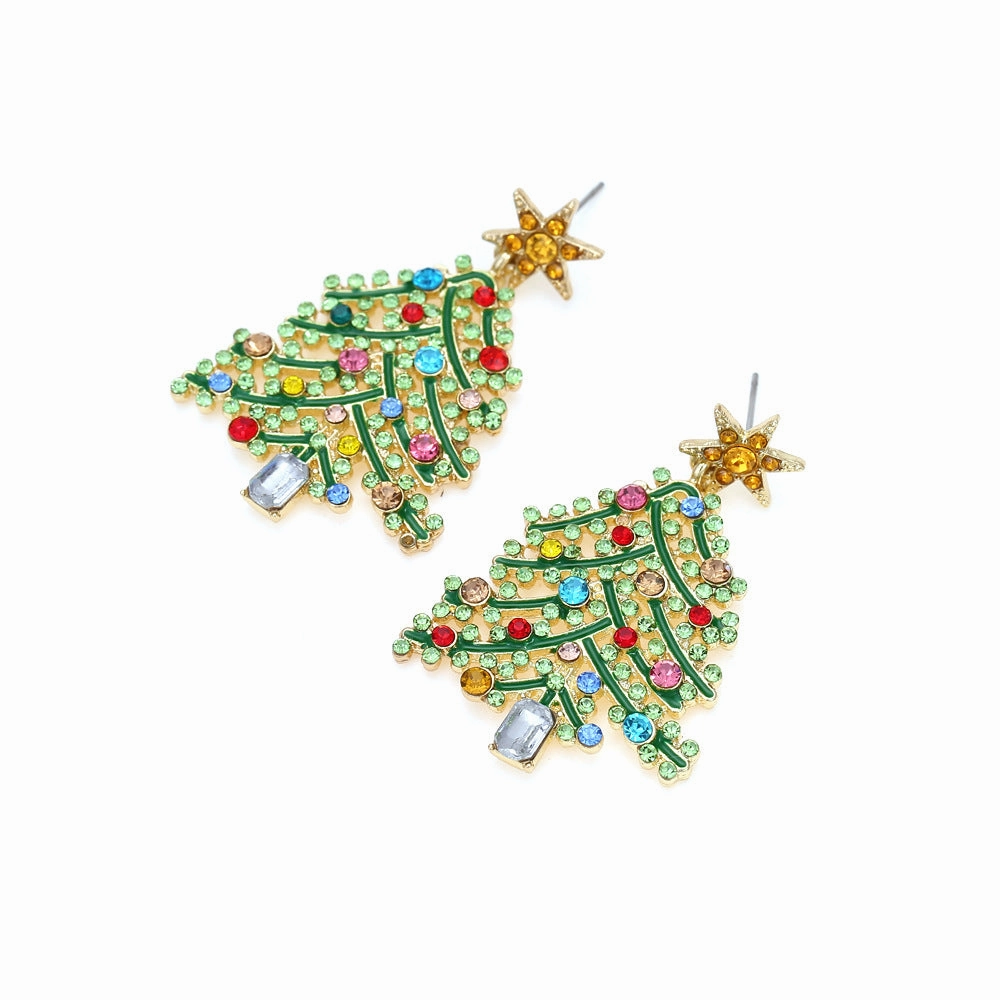 Wholesale Creative Hollowed Out Diamond Christmas Tree Colored Diamond Earrings