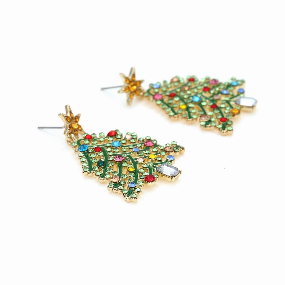 Wholesale Creative Hollowed Out Diamond Christmas Tree Colored Diamond Earrings