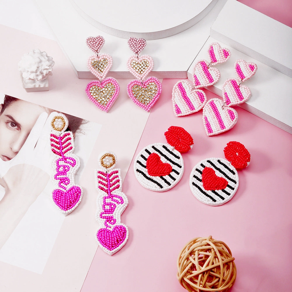 Wholesale Creative Love Pink Striped Hand-woven Rice Beads Multi-layer Earrings