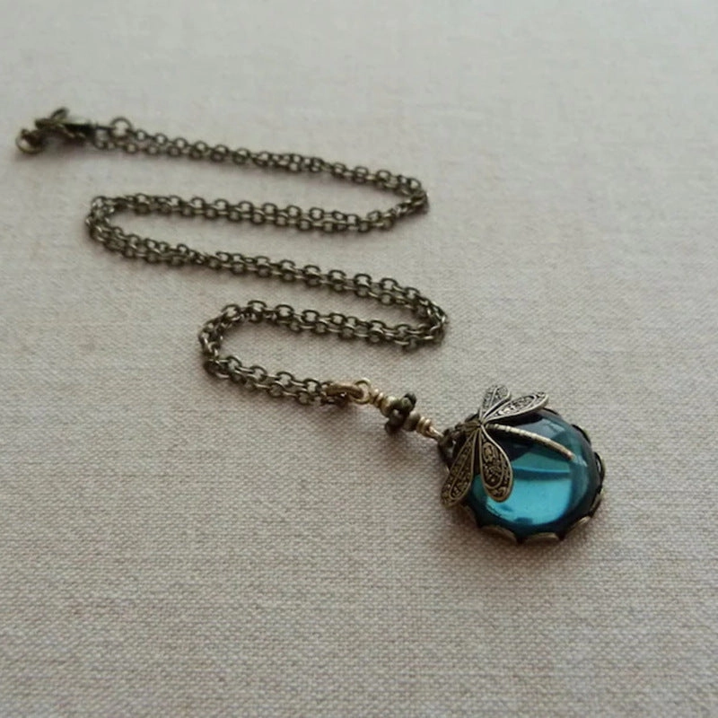 Wholesale Creative Vintage Dragonfly Green Crystal Alloy Necklace