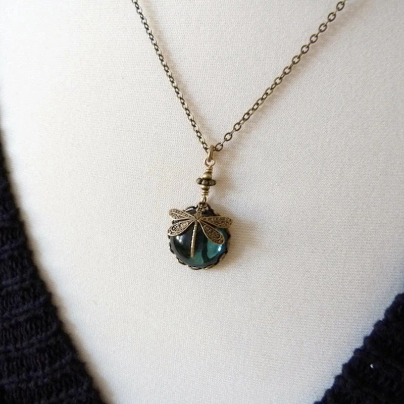 Wholesale Creative Vintage Dragonfly Green Crystal Alloy Necklace