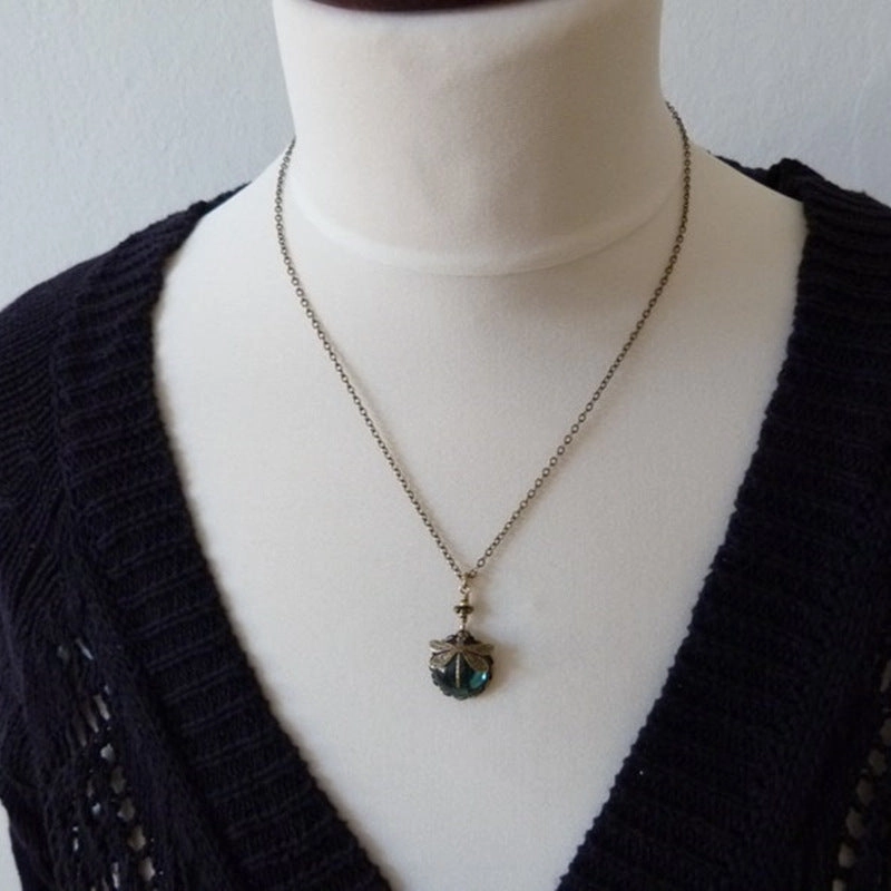 Wholesale Creative Vintage Dragonfly Green Crystal Alloy Necklace