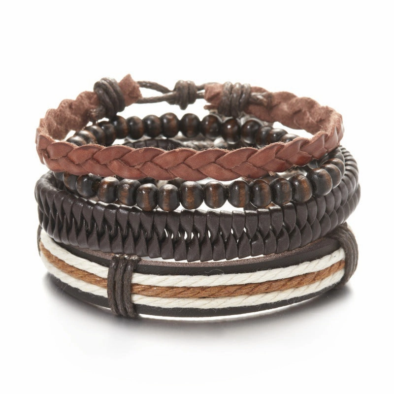 Wholesale Creative Wooden Beads Cross Feather Braided Leather Bracelet