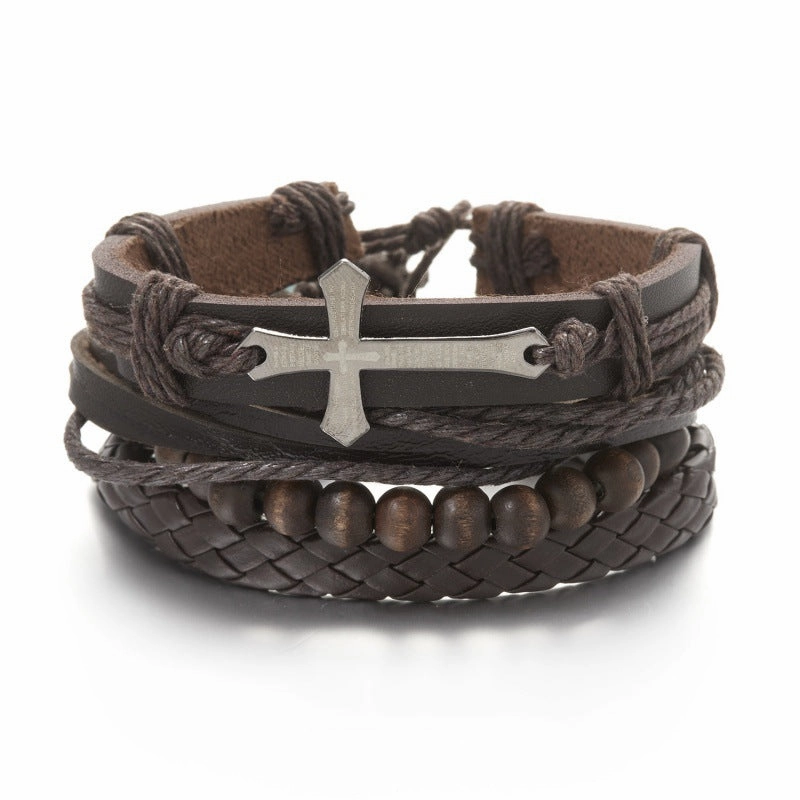 Wholesale Creative Wooden Beads Cross Feather Braided Leather Bracelet