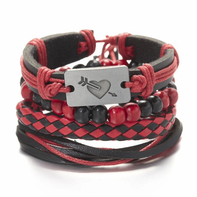 Wholesale Creative Wooden Beads Cross Feather Braided Leather Bracelet
