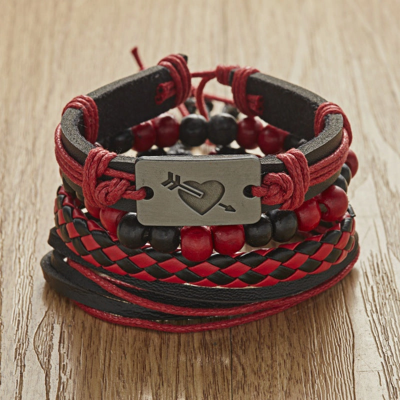 Wholesale Creative Wooden Beads Cross Feather Braided Leather Bracelet
