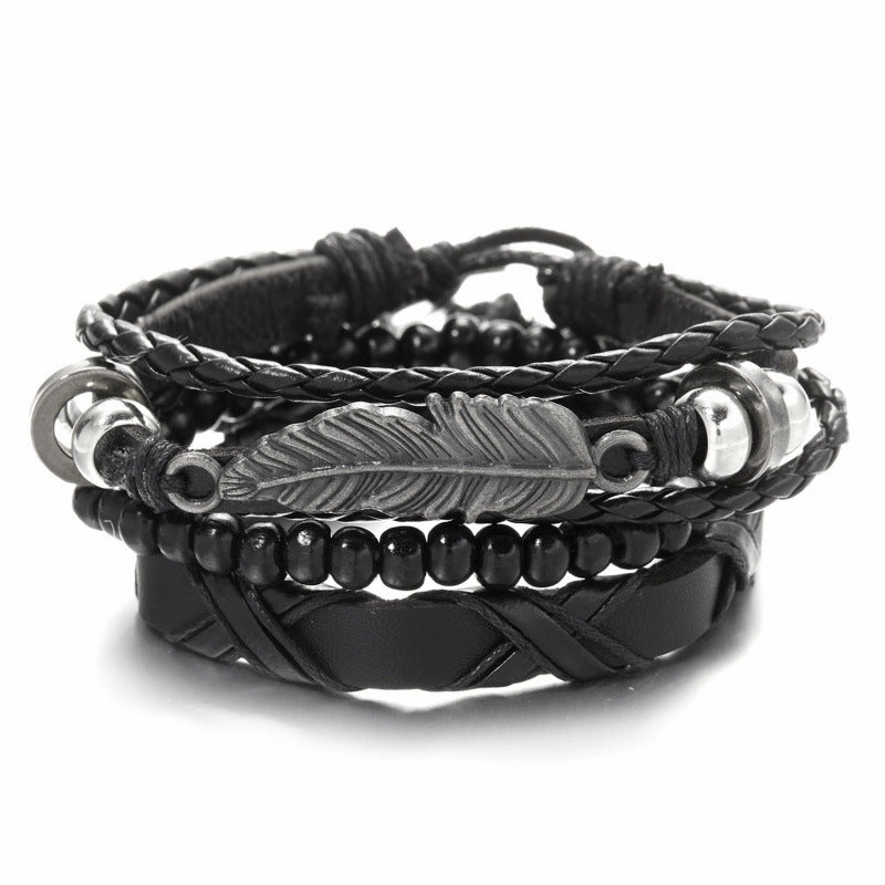 Wholesale Creative Wooden Beads Cross Feather Braided Leather Bracelet