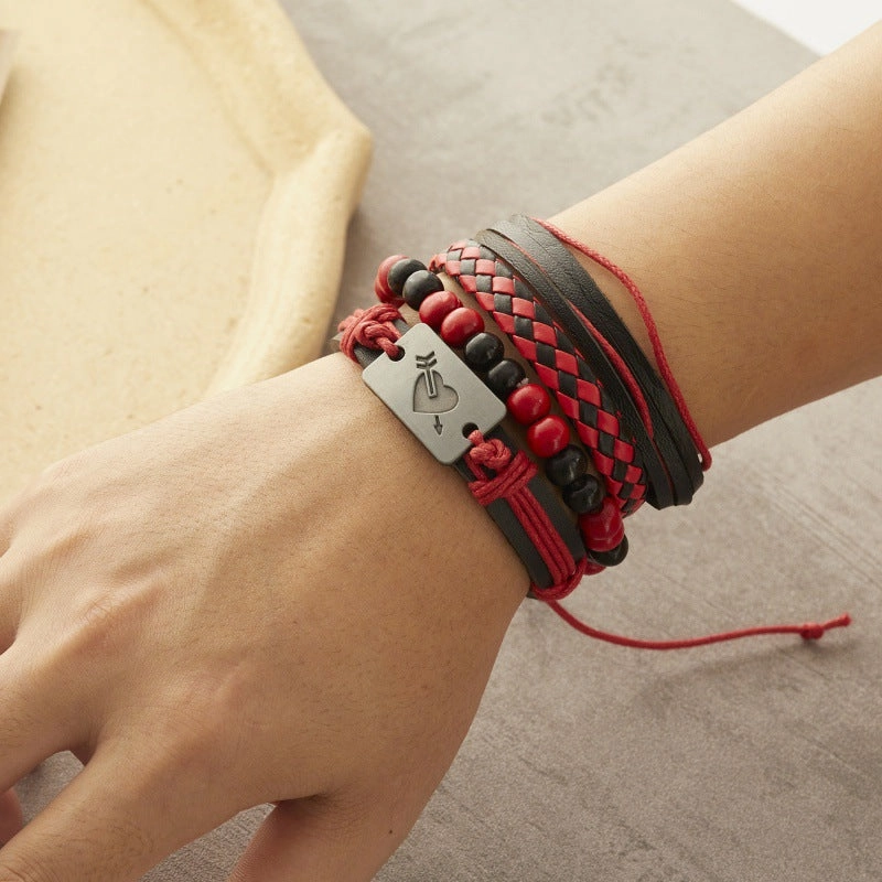 Wholesale Creative Wooden Beads Cross Feather Braided Leather Bracelet