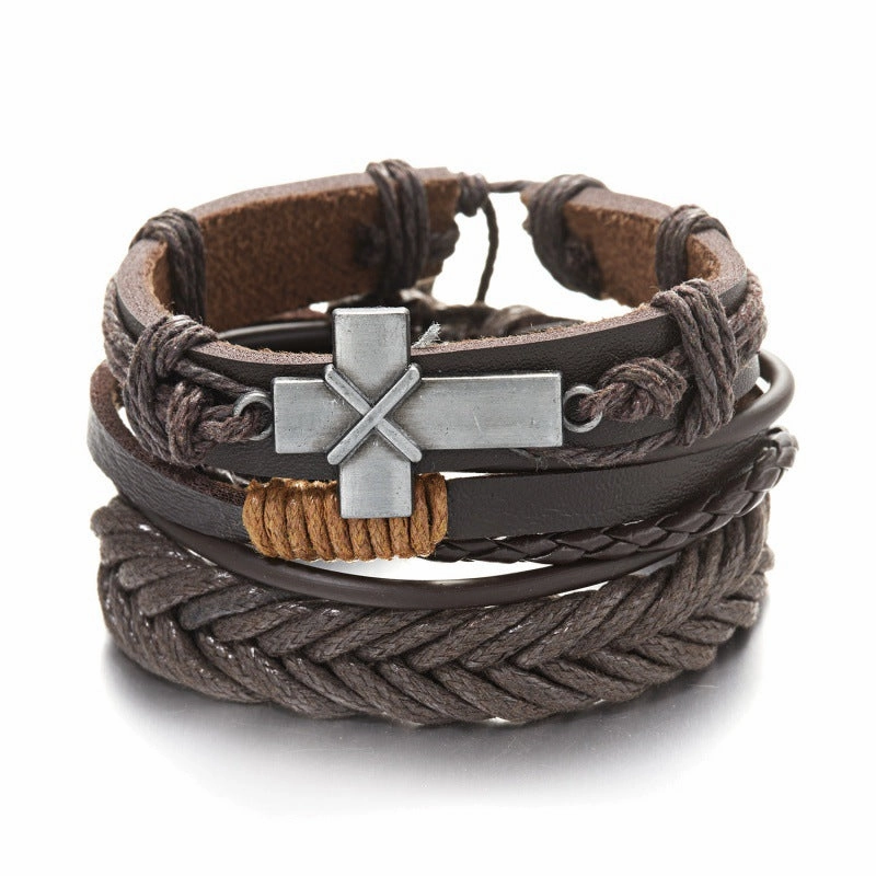 Wholesale Creative Wooden Beads Cross Feather Braided Leather Bracelet