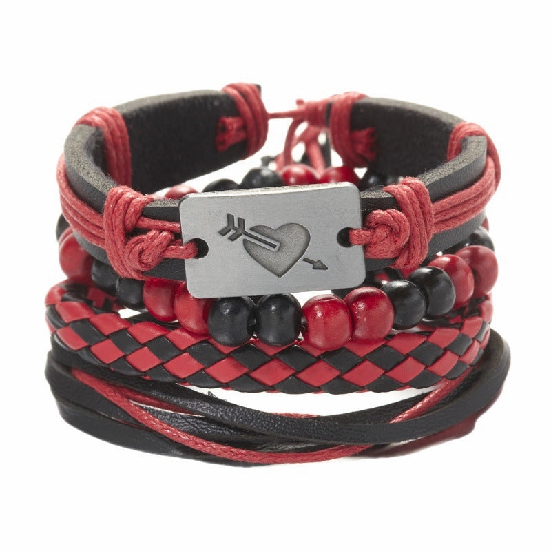 Wholesale Creative Wooden Beads Cross Feather Braided Leather Bracelet