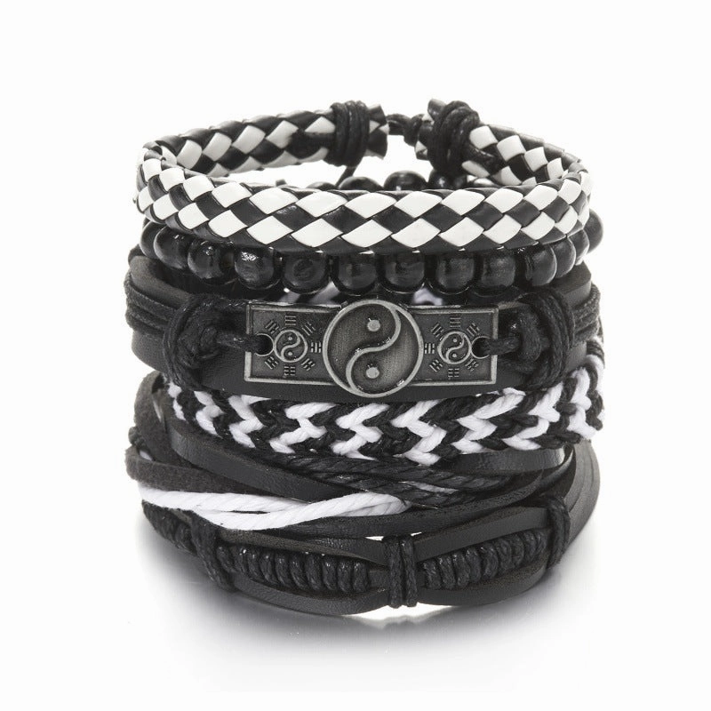 Wholesale Creative Wooden Beads Cross Feather Braided Leather Bracelet