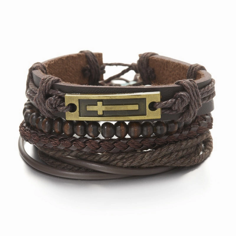 Wholesale Creative Wooden Beads Cross Feather Braided Leather Bracelet