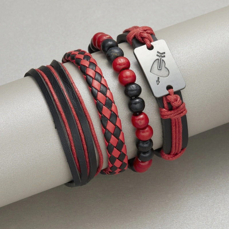Wholesale Creative Wooden Beads Cross Feather Braided Leather Bracelet