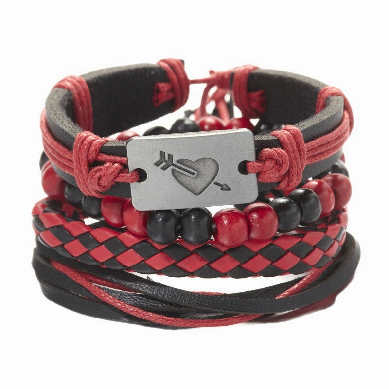 Wholesale Creative Wooden Beads Cross Feather Braided Leather Bracelet
