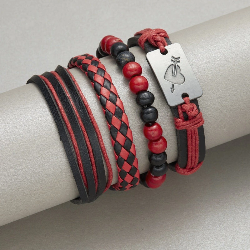 Wholesale Creative Wooden Beads Cross Feather Braided Leather Bracelet