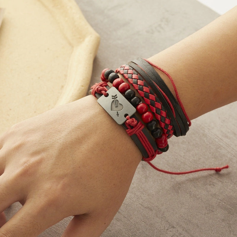 Wholesale Creative Wooden Beads Cross Feather Braided Leather Bracelet
