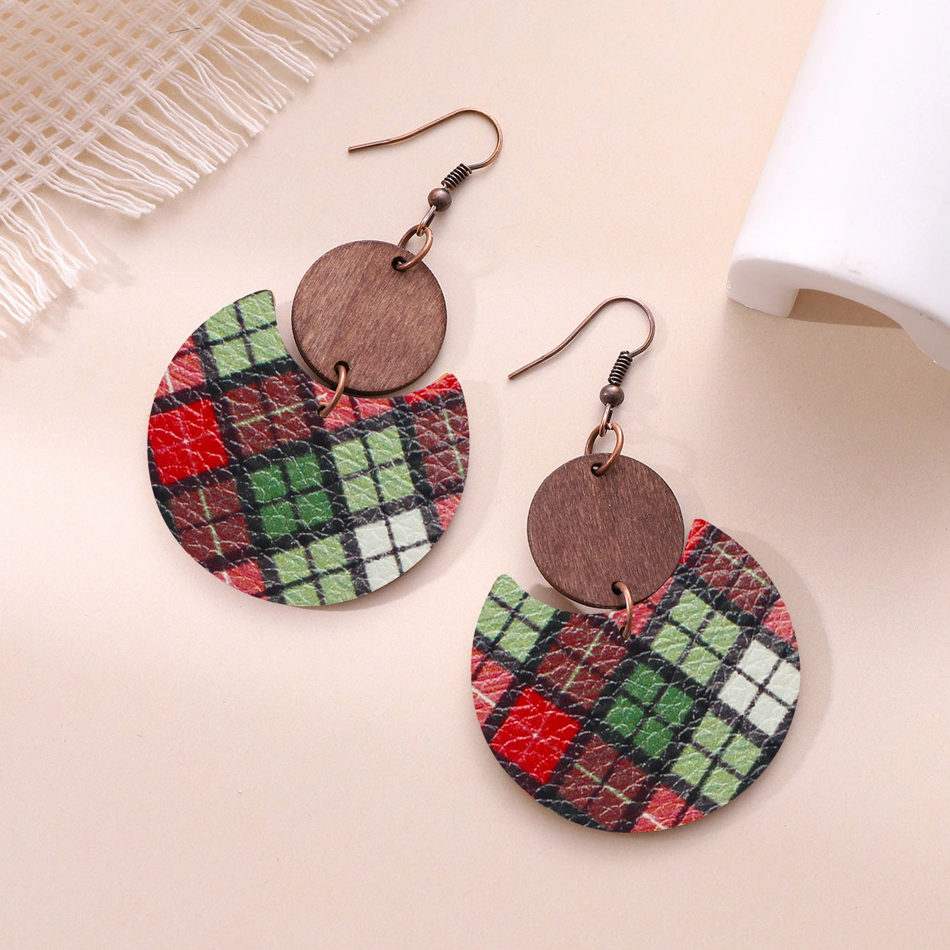 Wholesale Crescent Shaped Leather Plaid Braid Pattern Colorful Earrings