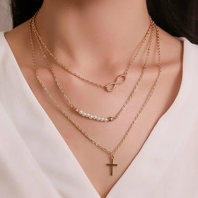 Wholesale Cross 8 Character Pearl Multi-layer Necklace Clavicle Chain