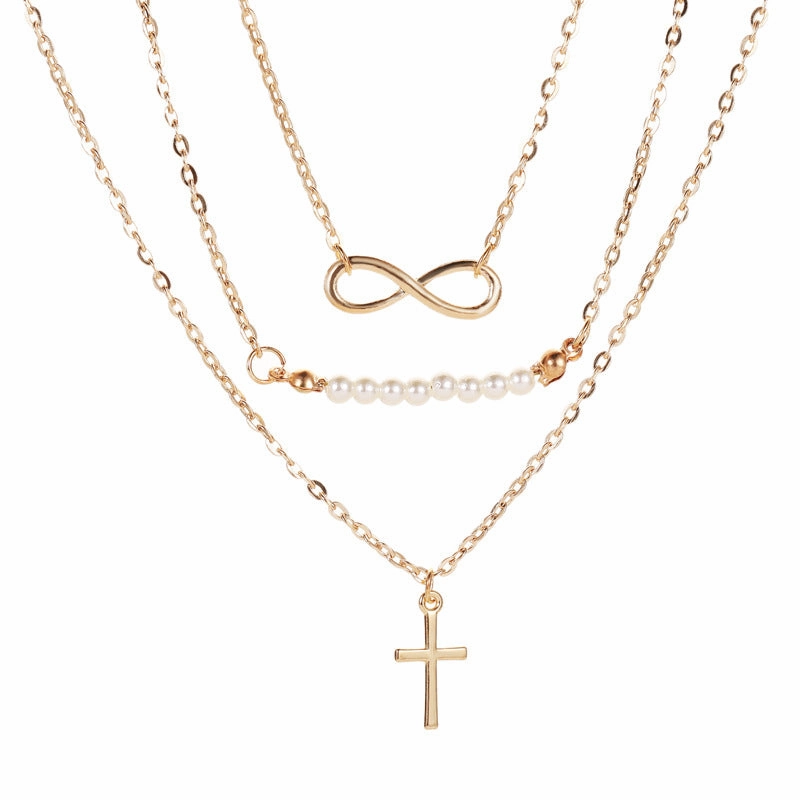 Wholesale Cross 8 Character Pearl Multi-layer Necklace Clavicle Chain