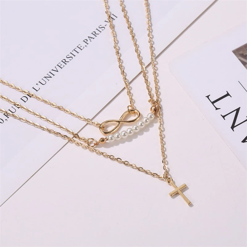 Wholesale Cross 8 Character Pearl Multi-layer Necklace Clavicle Chain