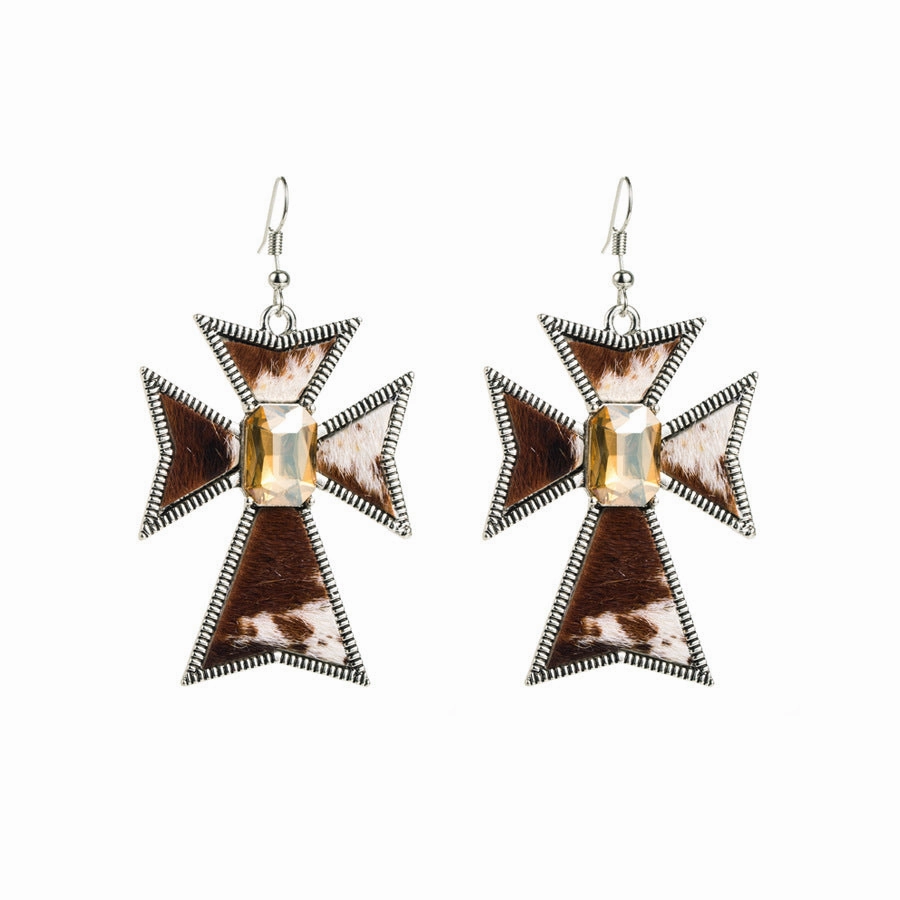 Wholesale Cross Alloy Inlaid Glass Diamond Leopard Print Leather Earrings