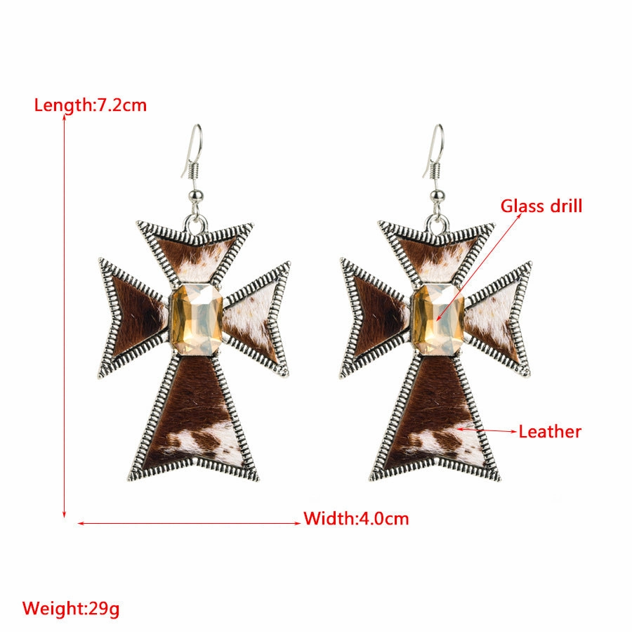 Wholesale Cross Alloy Inlaid Glass Diamond Leopard Print Leather Earrings
