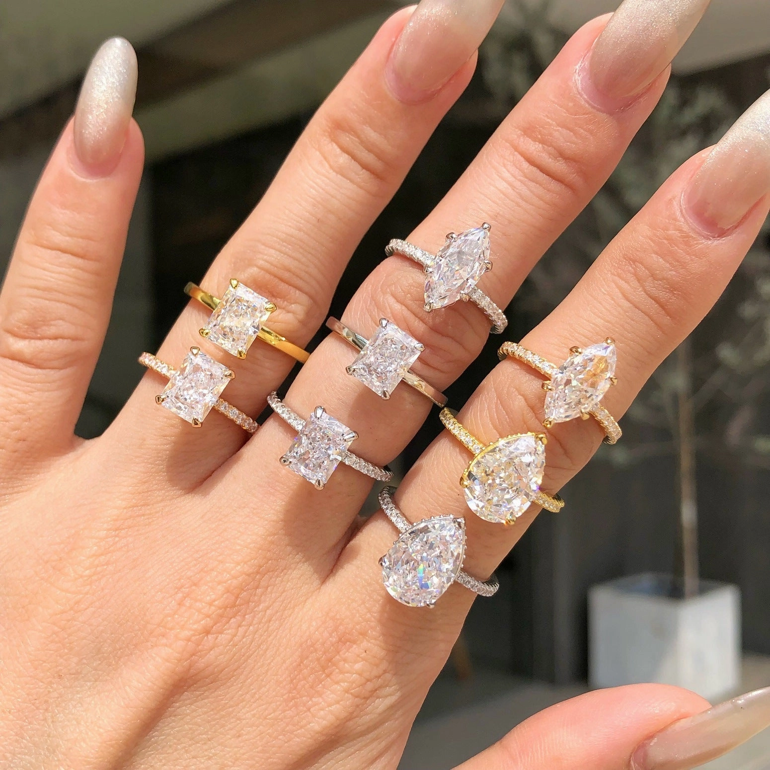 Wholesale Cross-border Live S925 Sterling Silver Ring Women's 8A High Carbon Diamond Square Ice Flower Zircon Super Flash 1-5 Carat Imitation Diamond Ring