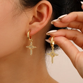 Wholesale Cross Full Diamond C Shape Metal Earrings