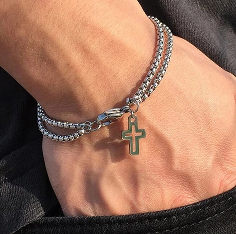 Wholesale Cross Hollow Double Chain Alloy Bracelet